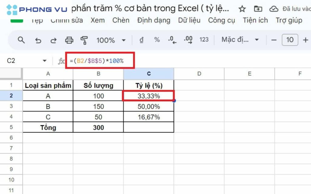 Áp dụng cách tính phần trăm vào Excel