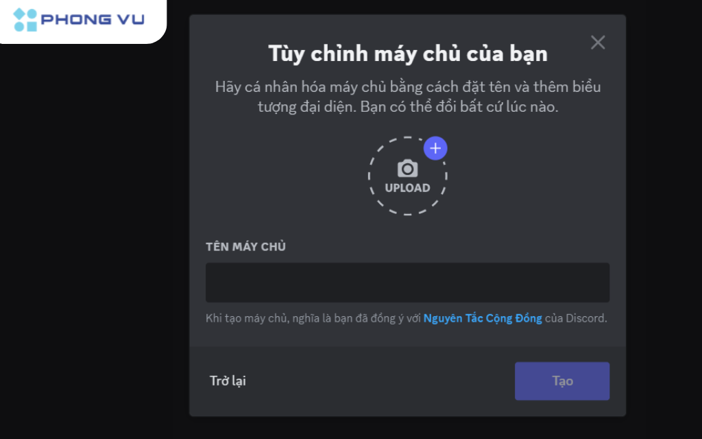 Thêm avatar và tên để có thể hoàn tất tạo máy chủ