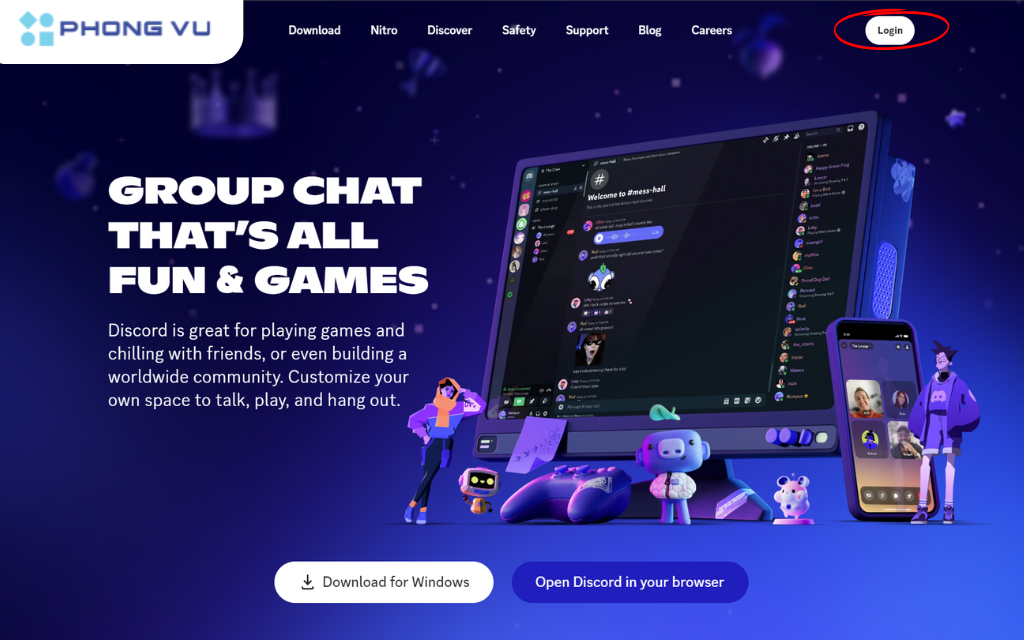 Truy cập Discord và nhấn nút Đăng nhập - Login bên góc phải màn hình