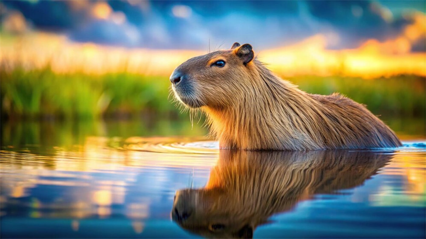 Capybara đang ngâm mình trong hồ nước, ngắm nhìn ánh hoàng hôn rực rỡ