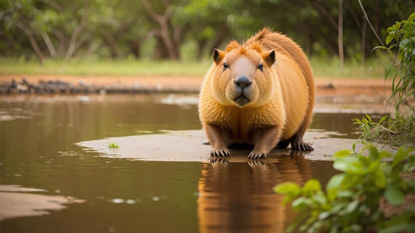 Một chú capybara đang đứng ngắm nhìn khung cảnh yên bình bên bờ hồ