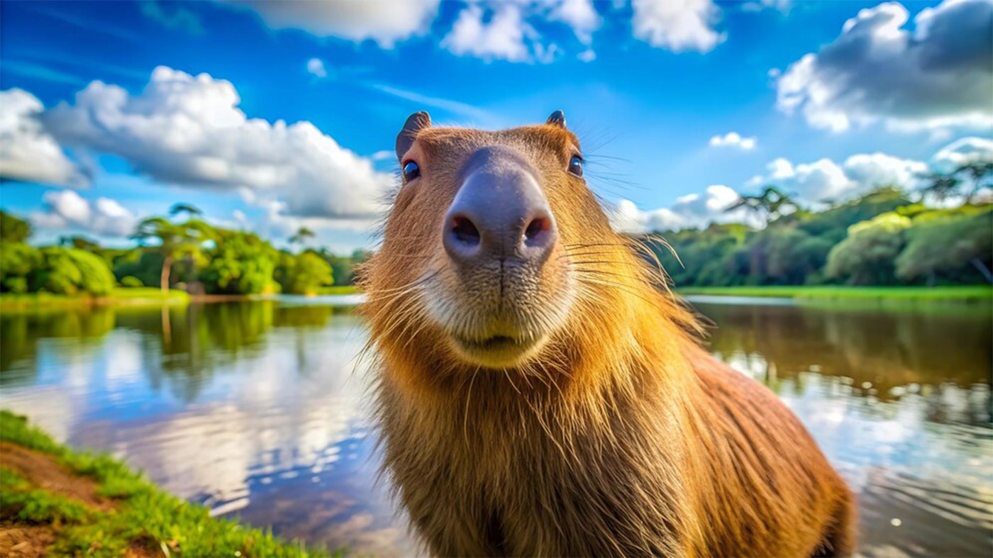 Chú capybara đang lại gần, tạo dáng chụp ảnh với khuôn mặt dễ thương cùng chiếc mũi to tròn đáng yêu