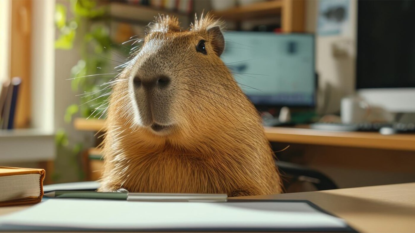 Chú capybara đang ngồi trước bàn làm việc, ánh mắt tỏ ra vô cùng nghiêm túc