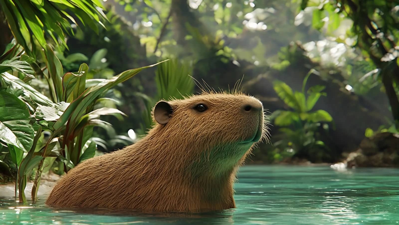 Capybara đang ngâm mình trong hồ nước trong vắt, tận hưởng sự mát mẻ và yên tĩnh