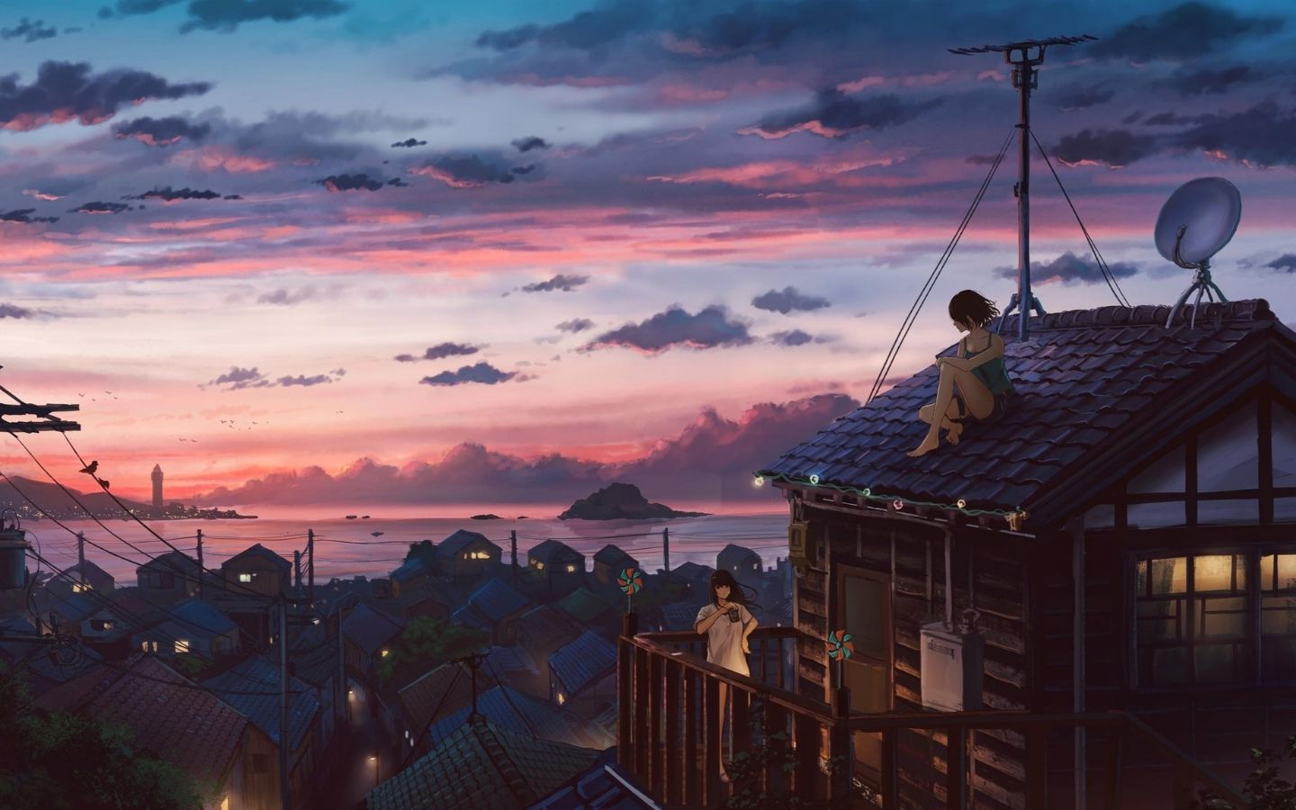 Hình nền anime hai cô gái đang tâm sự.