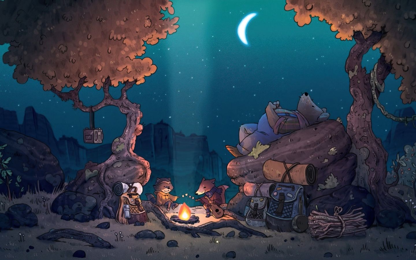 Hình nền hoạt hình đôi tri kỉ cáo và chồn đang ăn thịt nướng