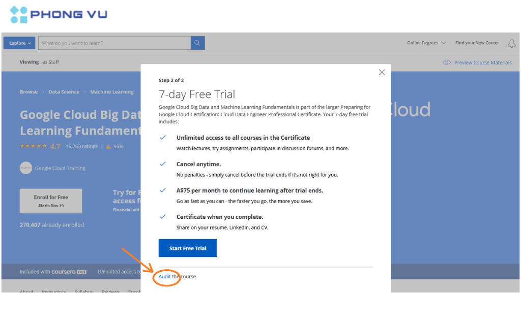 Chọn Audit để bạn có thể tham gia khóa học miễn phí