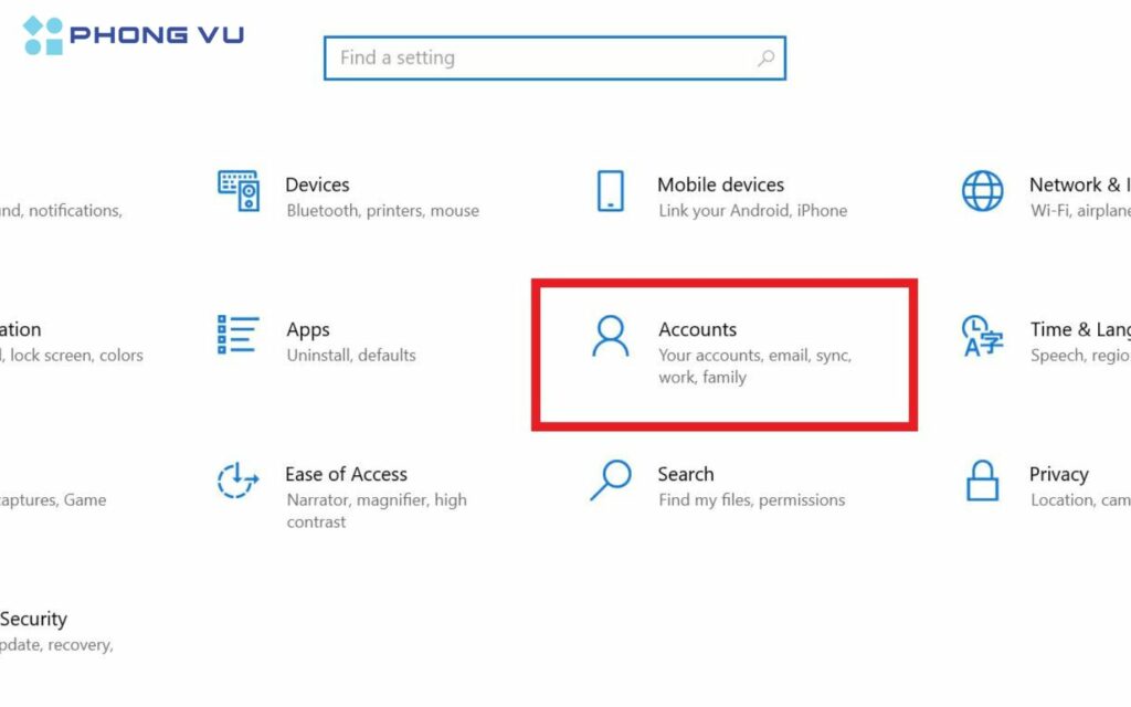 Khi bạn đã mở cửa sổ Settings, hãy chọn Accounts