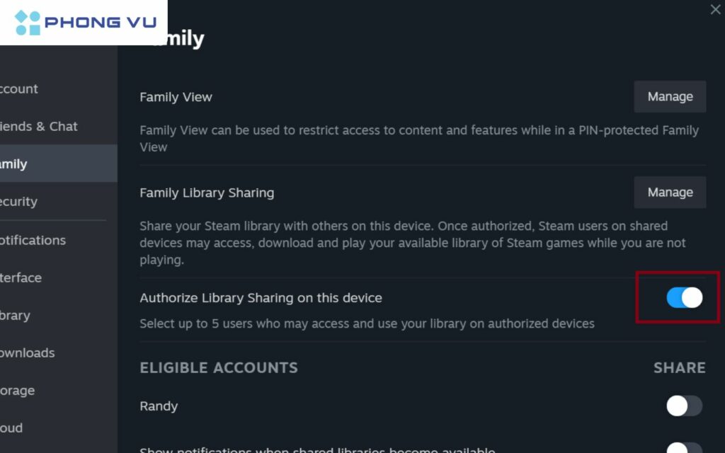 Cho phép chia sẻ thư viện từ Manage Steam Guard Account Security