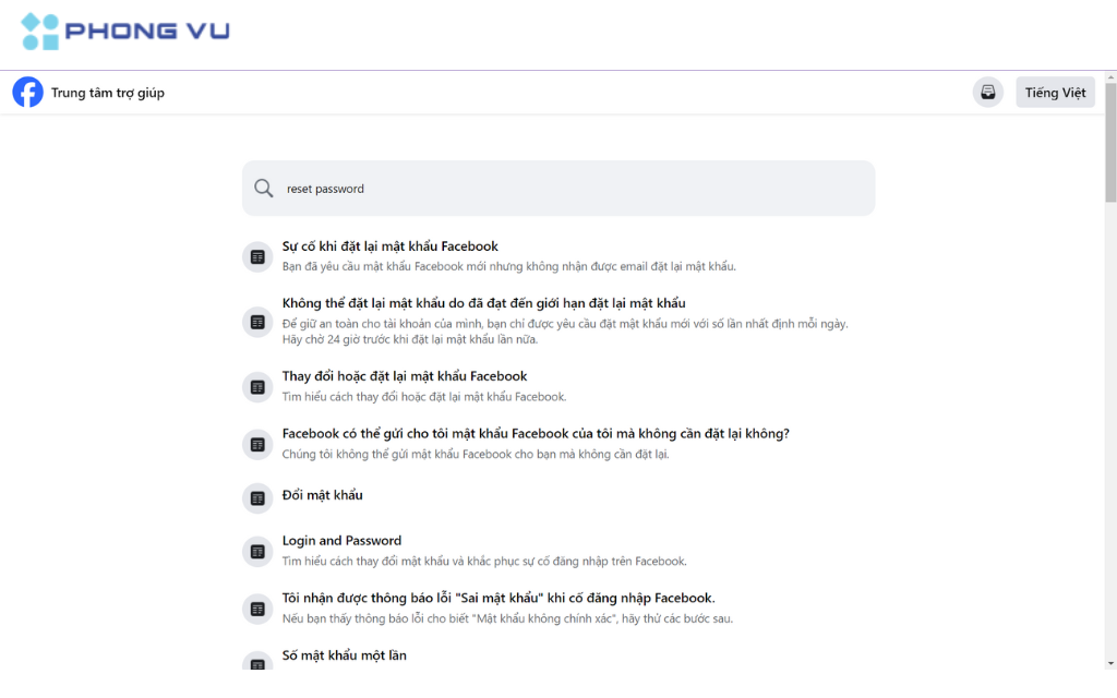 Tìm kiếm từ khóa "quên mật khẩu" để Trung tâm trợ giúp của Facebook có thể hỗ trợ