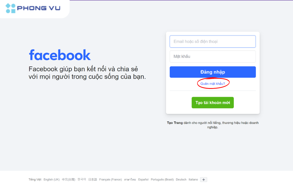 Nhấn "Quên mật khẩu" để Facebook tiến hành khôi phục password