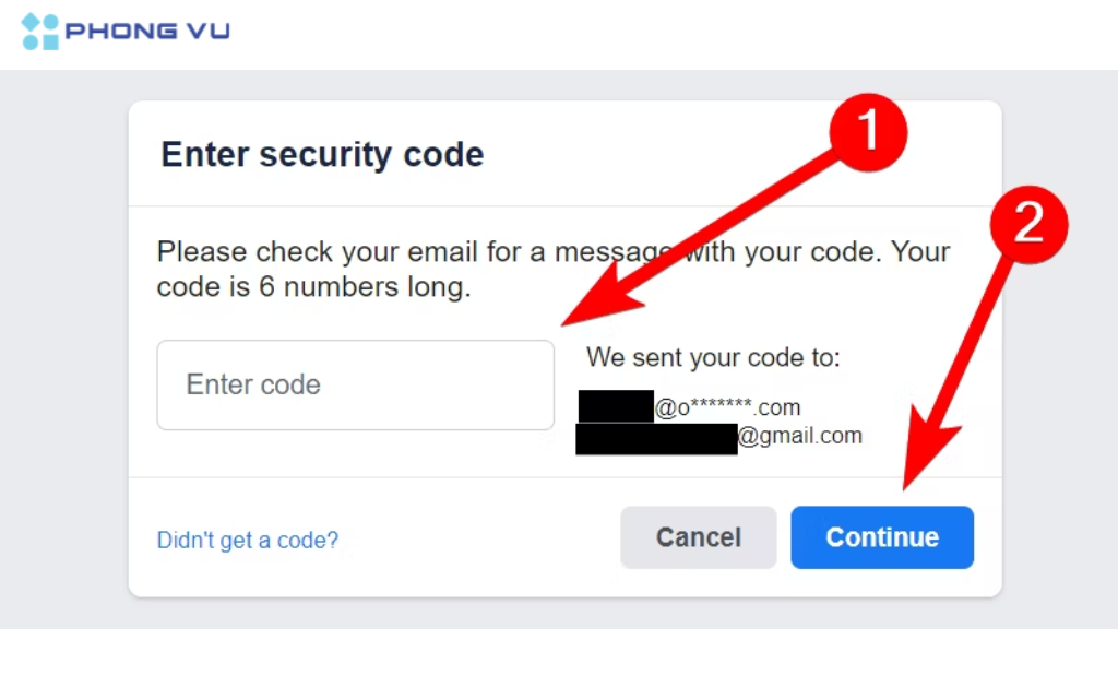 Nhập mã code và nhấn "Continue" để tiếp tục