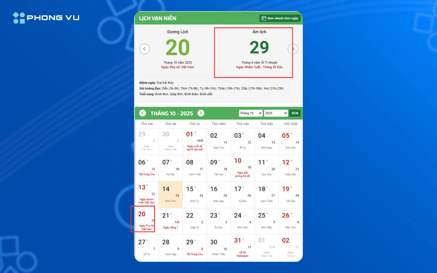 20/10 rơi vào thứ Hai, tức là ngày 29 tháng 8 năm Ất Tỵ theo Âm lịch