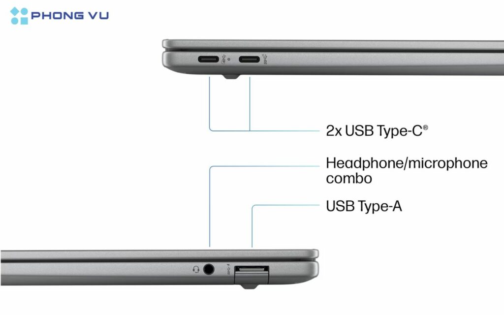 HP OmniBook X được trang bị đầy đủ các cổng kết nối hiện đại, bao gồm hai cổng USB-C Thunderbolt 4, một cổng USB-A 3.2, và một cổng HDMI 2.1