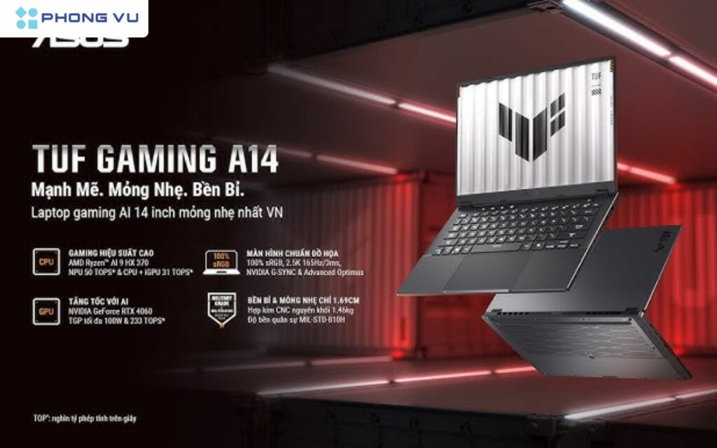 ASUS TUF Gaming A14 có thiết kế bền bỉ, hiệu năng cao và hỗ trợ trải nghiệm gaming mượt mà, cùng với các tính năng AI hỗ trợ tối ưu hóa hiệu suất.