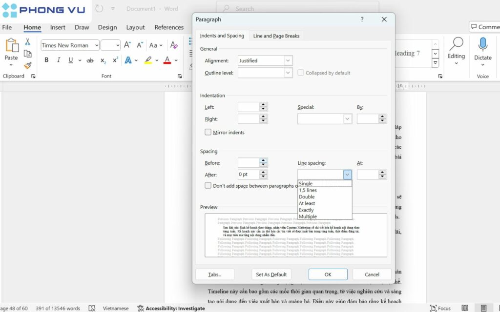cách giãn dòng trong word bằng hộp thoại Paragraph