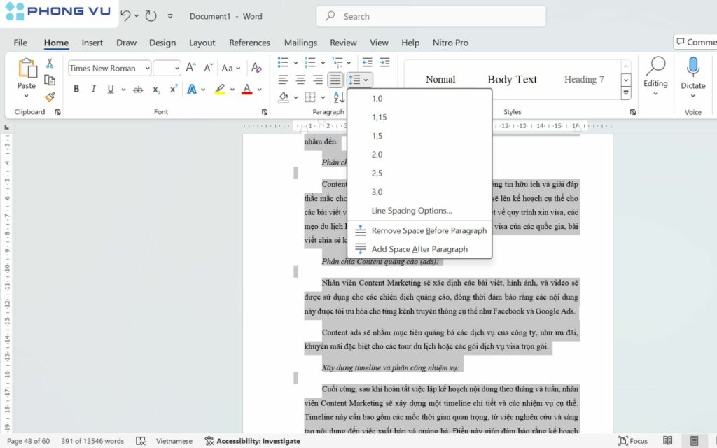 giãn dòng trong word bằng nút Line Spacing
