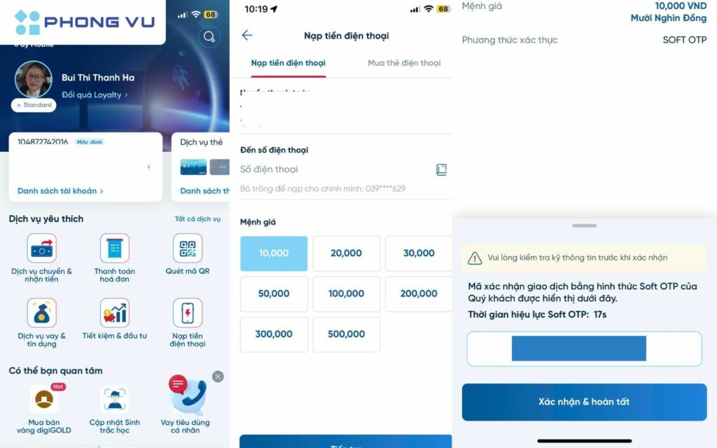 Cách chuyển tiền điện thoại qua Mobile Banking