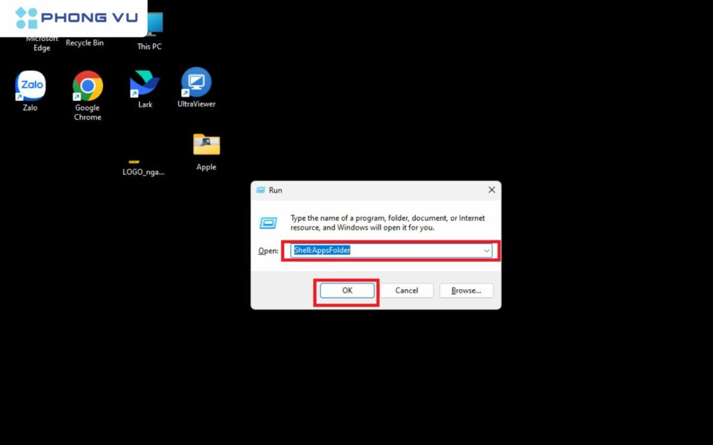 Tại hộp thoại, nhập Shell:AppsFolder để mở thư mục ứng dụng
