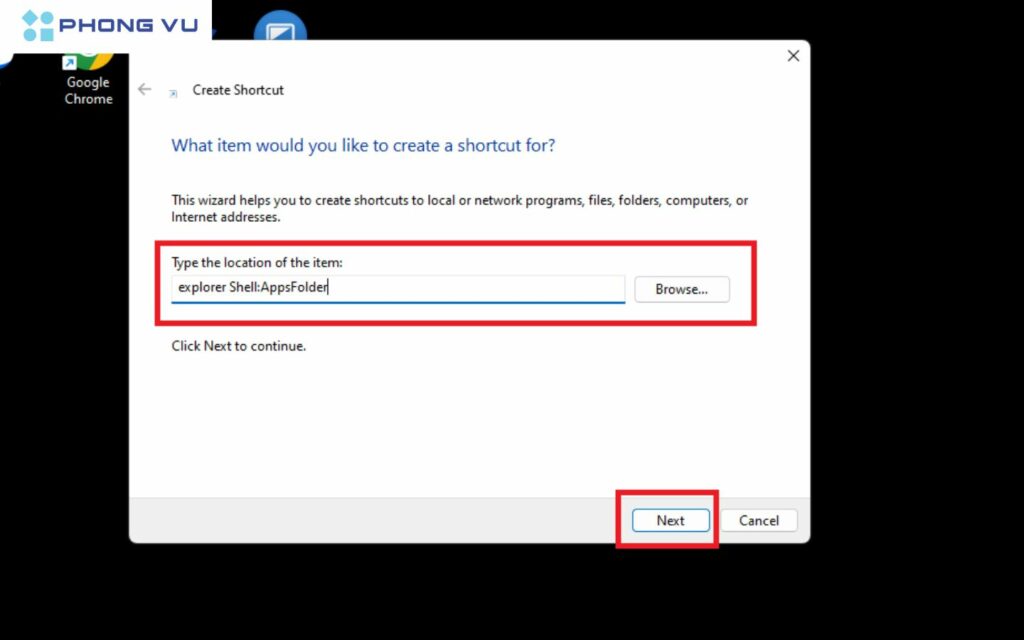 Trong hộp thoại, nhập lệnh “explorer Shell:AppsFolder” và nhấn vào Next