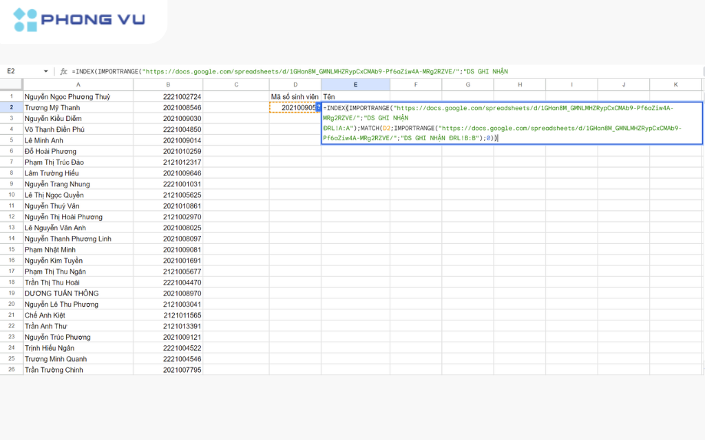 Câu lệnh này sẽ tìm kiếm mã số sinh viên 2021009052 trong cột B của Sheet1, sau đó trả về giá trị tương ứng ở cột A