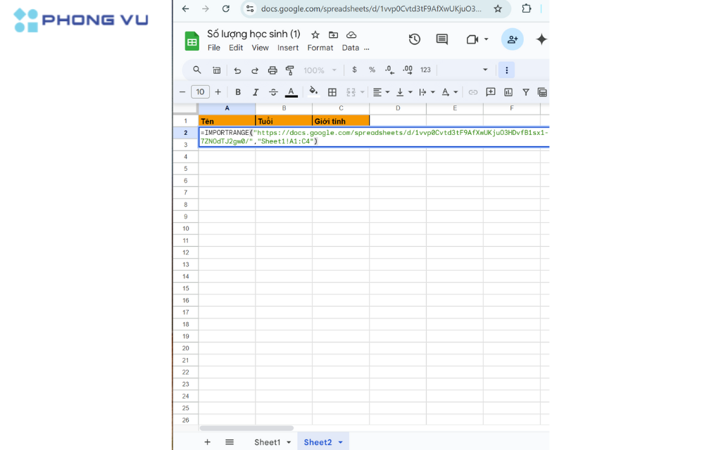 Nhập hàm IMPORTRANGE với vùng dữ liệu lúc này được lấy từ sheet khác trong cùng 1 file