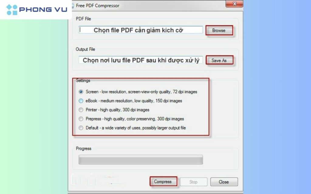 Mở chương trình Free PDF Compressor, chọn Browser, Save As và Compress