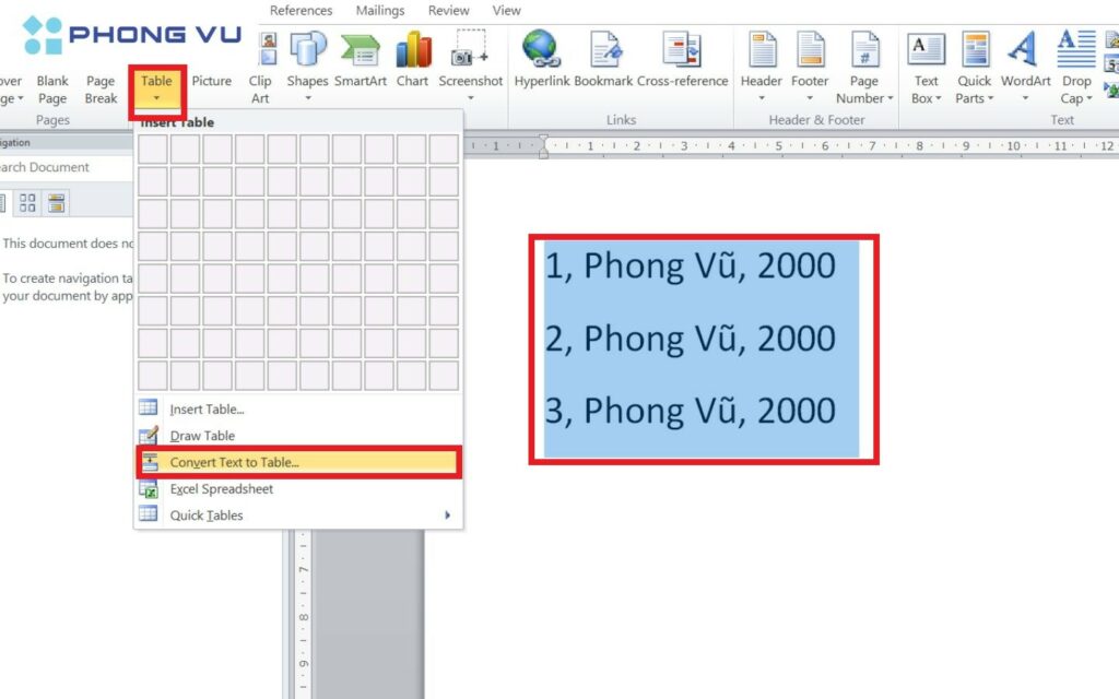 Tại menu Insert Table, bạn hãy nhấp chọn Convert Text to Table