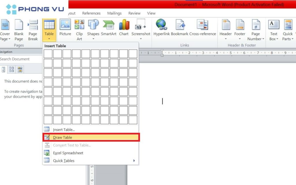 Tại menu Insert Table, bạn hãy nhấp chọn Draw Table