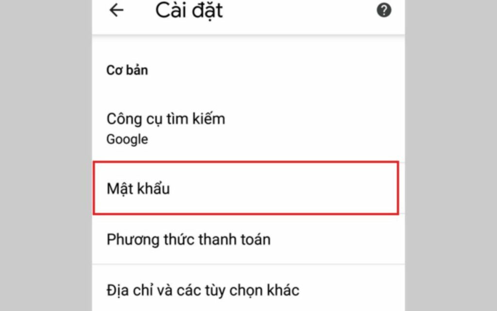 Chọn vào mục Mật khẩu