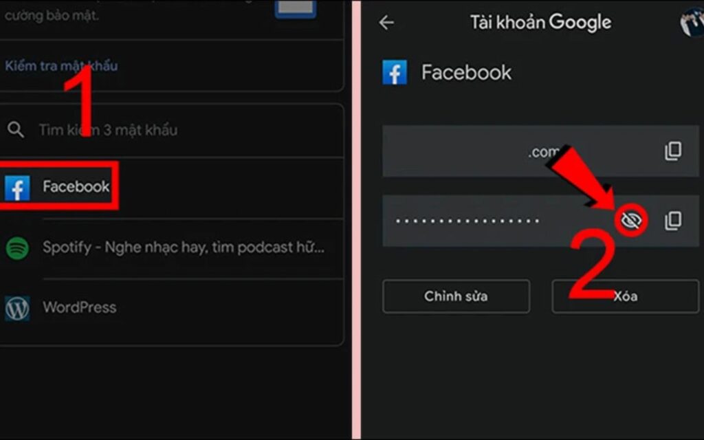 Chọn vào Facebook và xem mật khẩu đã lưu