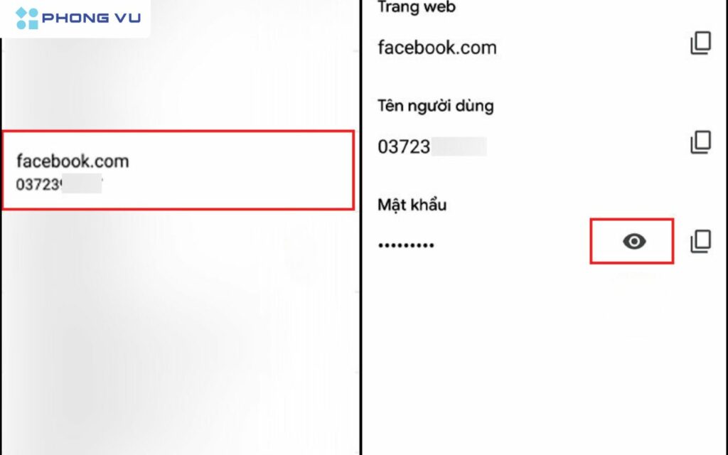 Chọn vào mục Facebook sau đó xem mật khẩu