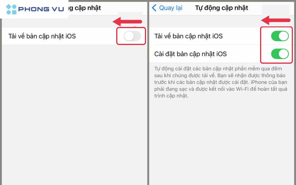 Điều khiển thanh gạt qua bên trái để tắt Tải về bản cập nhật iOS