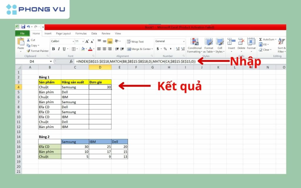 Tính đơn giá sản phẩm và hãng sản xuất bằng cách kết hợp hàm INDEX và MATCH