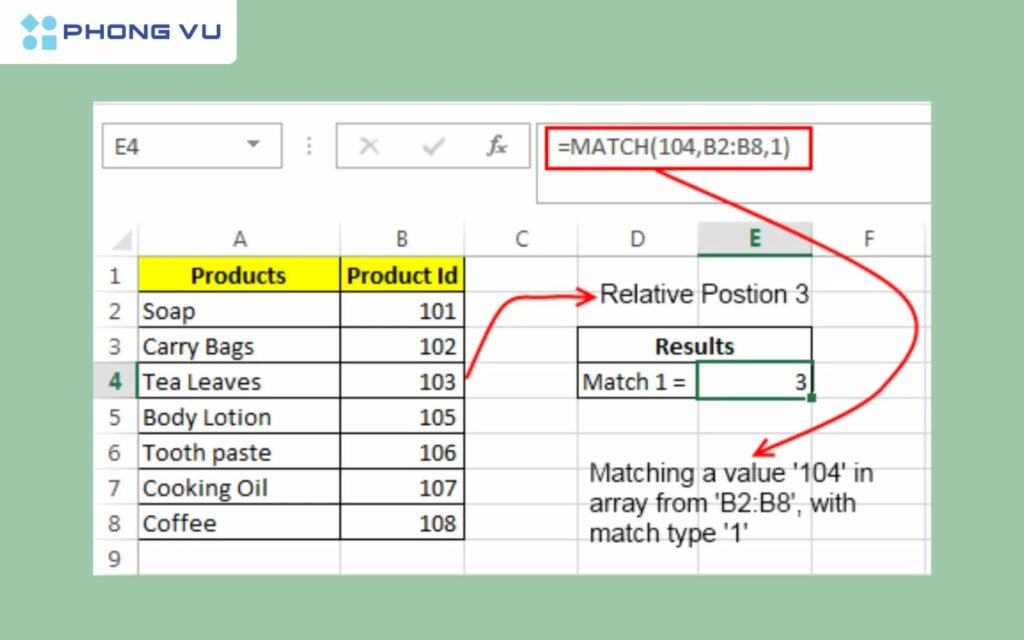 Khớp gần đúng sử dụng match_type là 1