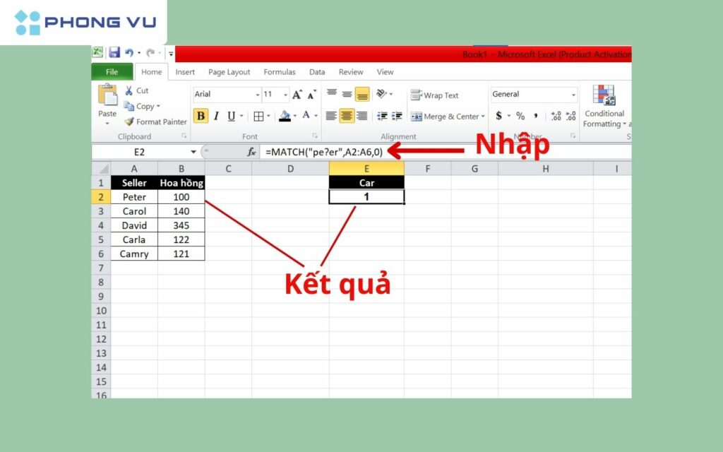 Ví dụ áp dụng hàm MATCH trong Excel