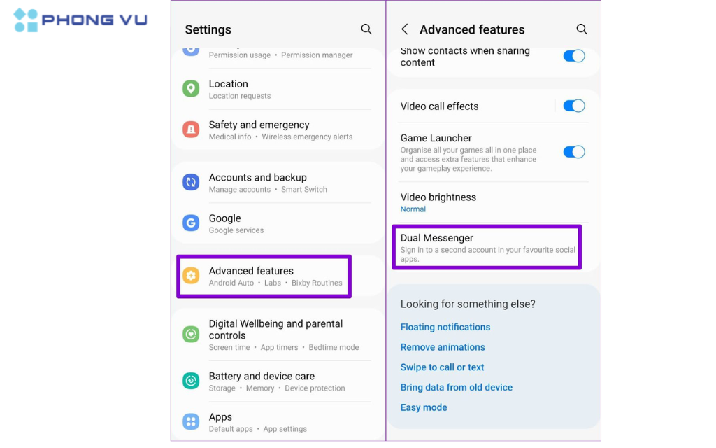 Tìm kiếm và chọn mục Tính năng nâng cao - Dual Messenger