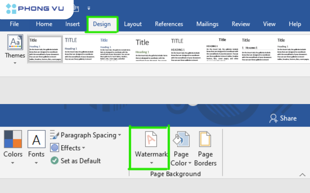 Vào tab Design, chọn Watermark trong nhóm Page Background