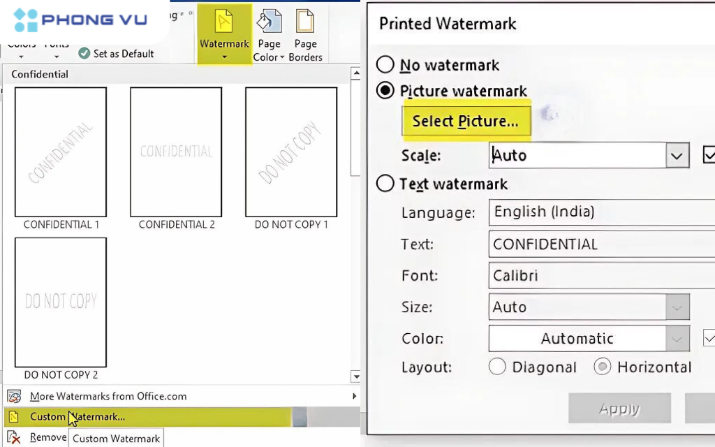 Chọn Custom Watermark - Picture watermark