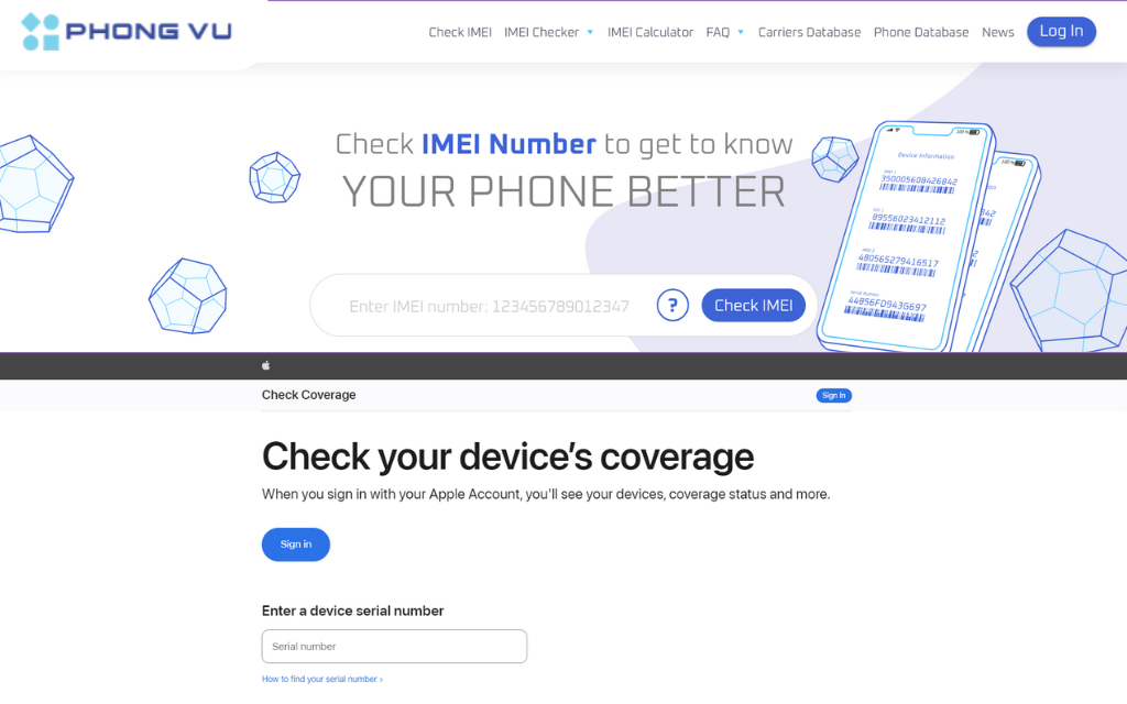 Có thể kiểm tra mã IMEI thông qua 2 web IMEI.info và Apple Check Coverage