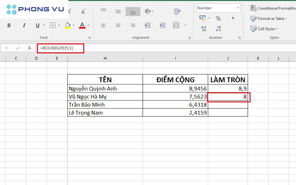 Sử dụng hàm ROUNDUP để làm tròn số theo mong muốn