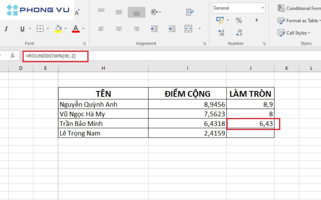 Công thức sử dụng hàm ROUNDDOWN để làm tròn số