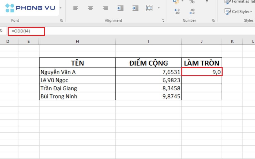 Sử dụng hàm ODD để làm tròn số