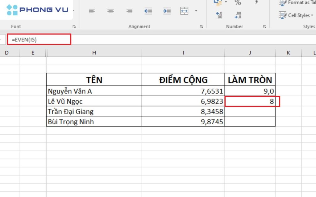 Dùng hàm EVEN để làm tròn số