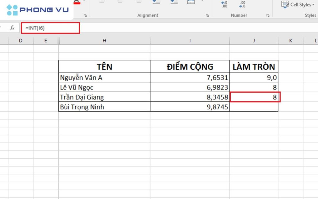 Công thức làm tròn số với hàm INT