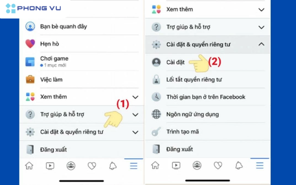 Trong app Facebook vào mục "Cài đặt và riêng tư" - "Cài đặt"