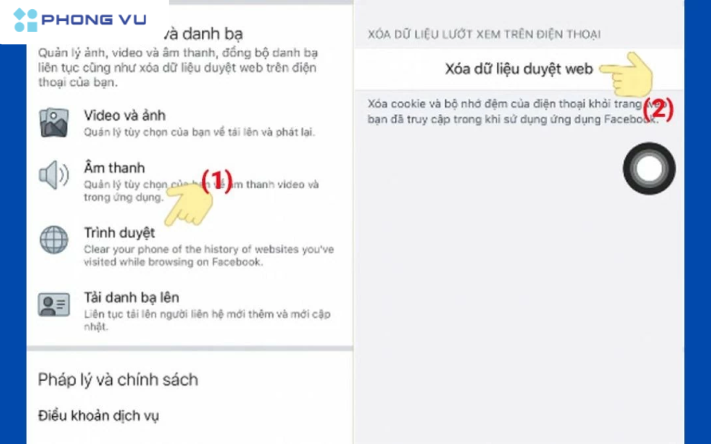 Tìm mục "Trình duyệt" và chọn "Xóa dữ liệu web"