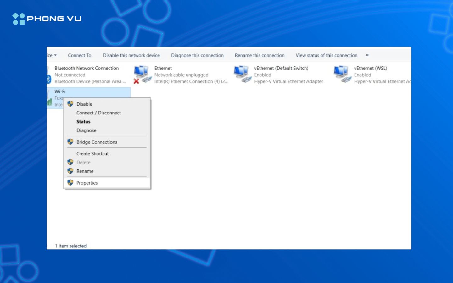 Giao diện thuộc tính Wi-Fi trong phần Change Adapter Settings