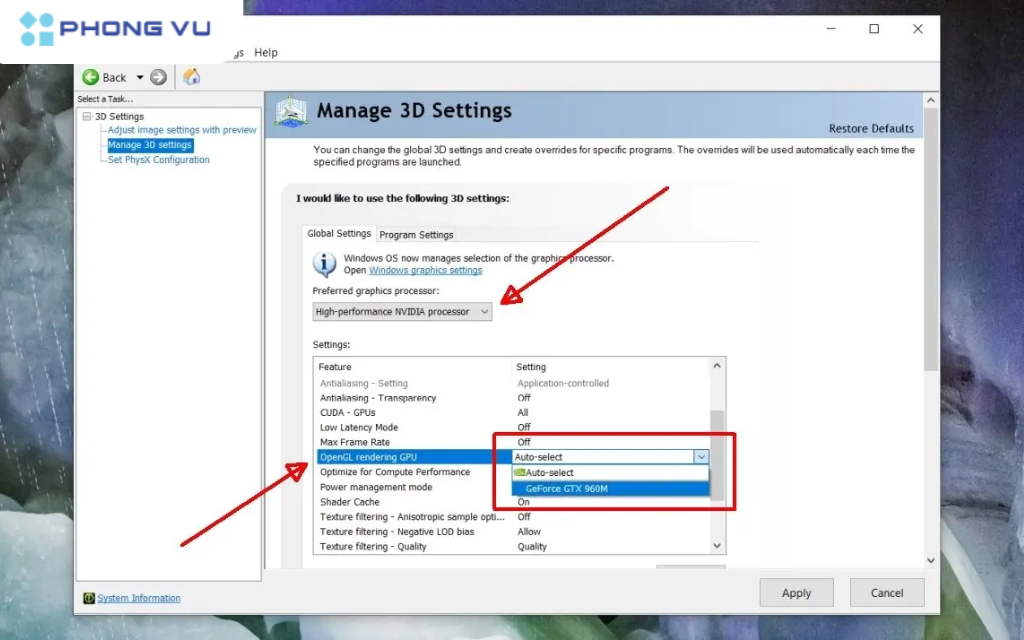 Click đúp vào OpenGL rendering GPU và chọn GPU NVIDIA.