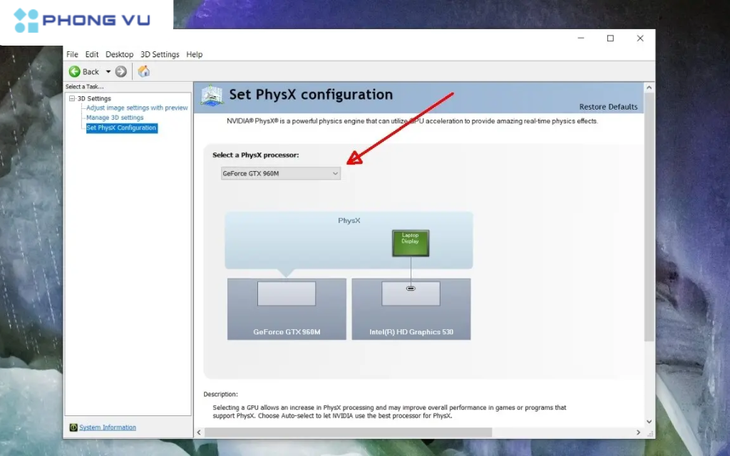 Mở menu dropdown Select a PhysX processor